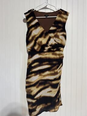 Ann Taylor Brown Tiger Print Sleeveless Surplice Ruched Sheath Dress Size 6